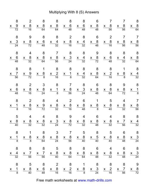 The 100 Vertical Questions -- Multiplication Facts -- 8 by 1-9 (S) Math Worksheet Page 2
