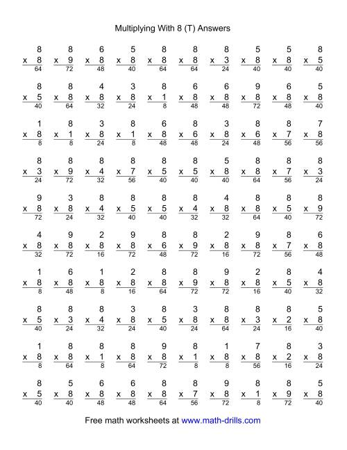The 100 Vertical Questions -- Multiplication Facts -- 8 by 1-9 (T) Math Worksheet Page 2