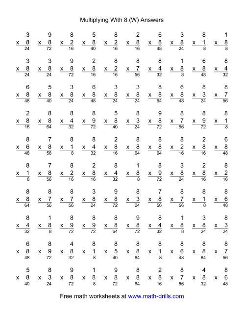 The 100 Vertical Questions -- Multiplication Facts -- 8 by 1-9 (W) Math Worksheet Page 2
