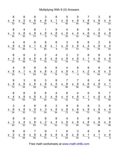 The 100 Vertical Questions -- Multiplication Facts -- 8 by 1-9 (X) Math Worksheet Page 2