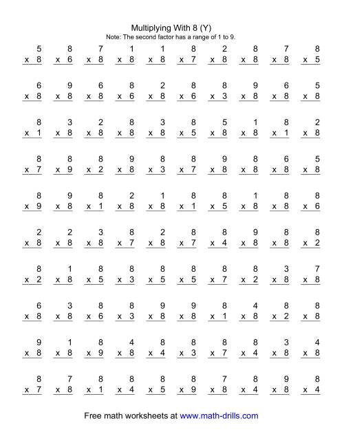 The 100 Vertical Questions -- Multiplication Facts -- 8 by 1-9 (Y) Math Worksheet