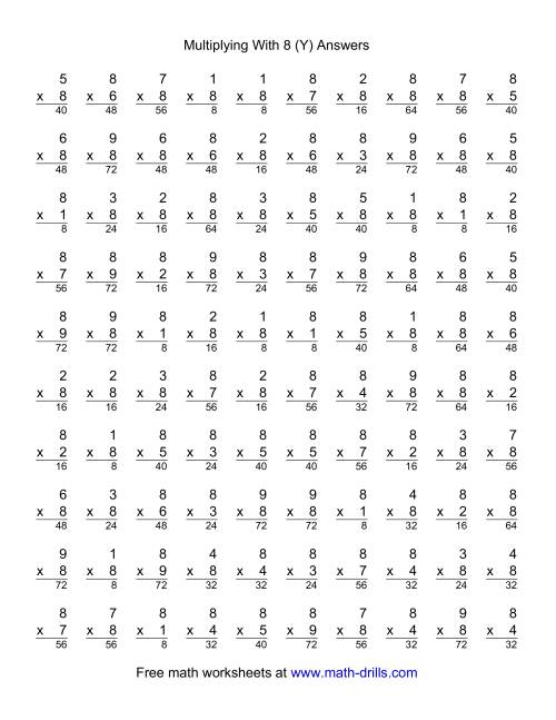 The 100 Vertical Questions -- Multiplication Facts -- 8 by 1-9 (Y) Math Worksheet Page 2