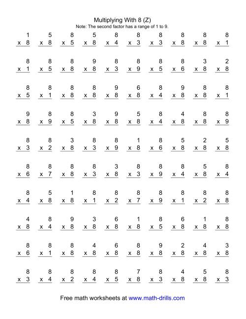 The 100 Vertical Questions -- Multiplication Facts -- 8 by 1-9 (Z) Math Worksheet