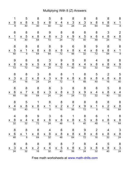The 100 Vertical Questions -- Multiplication Facts -- 8 by 1-9 (Z) Math Worksheet Page 2