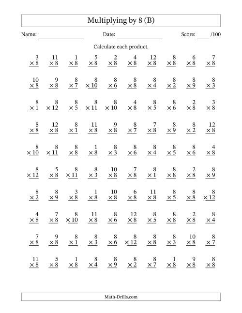 The Multiplying (1 to 12) by 8 (100 Questions) (B) Math Worksheet