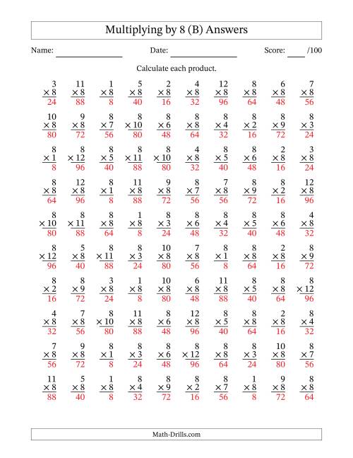 The Multiplying (1 to 12) by 8 (100 Questions) (B) Math Worksheet Page 2