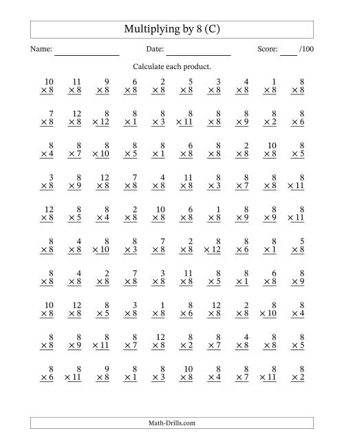 The Multiplying (1 to 12) by 8 (100 Questions) (C) Math Worksheet