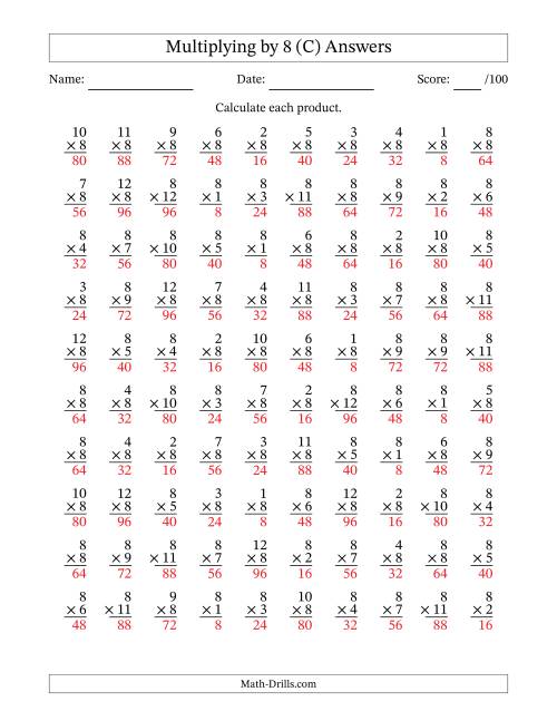 The Multiplying (1 to 12) by 8 (100 Questions) (C) Math Worksheet Page 2