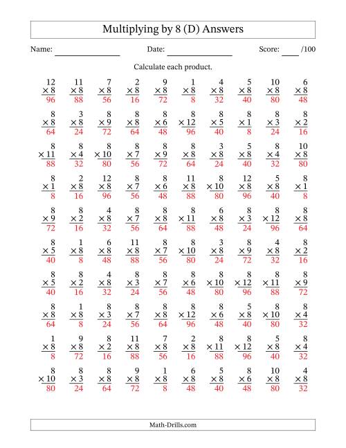 The Multiplying (1 to 12) by 8 (100 Questions) (D) Math Worksheet Page 2