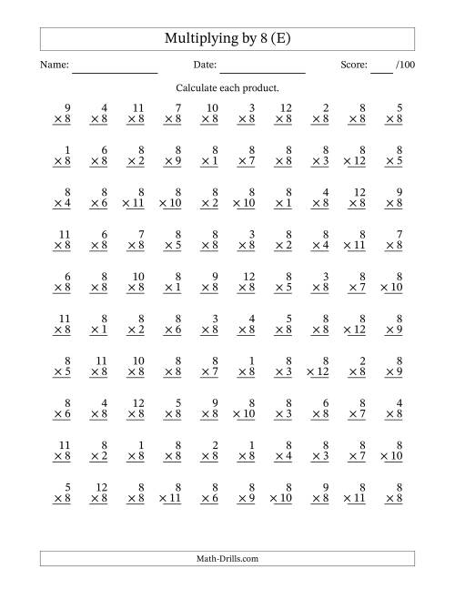 The Multiplying (1 to 12) by 8 (100 Questions) (E) Math Worksheet