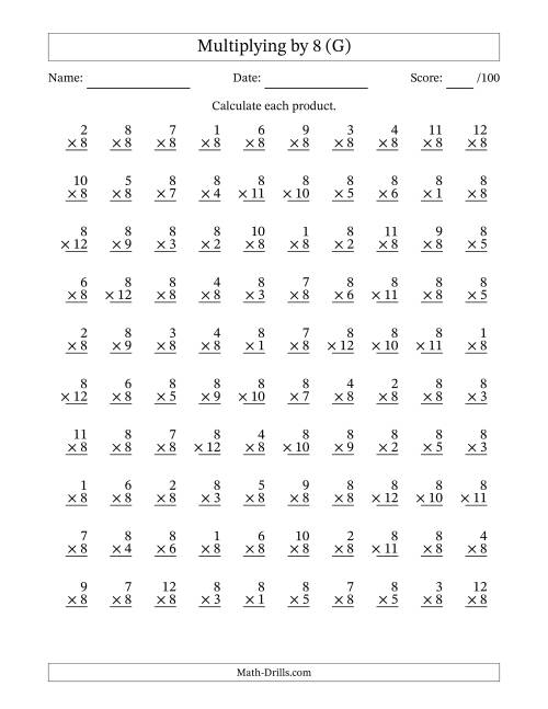 The Multiplying (1 to 12) by 8 (100 Questions) (G) Math Worksheet