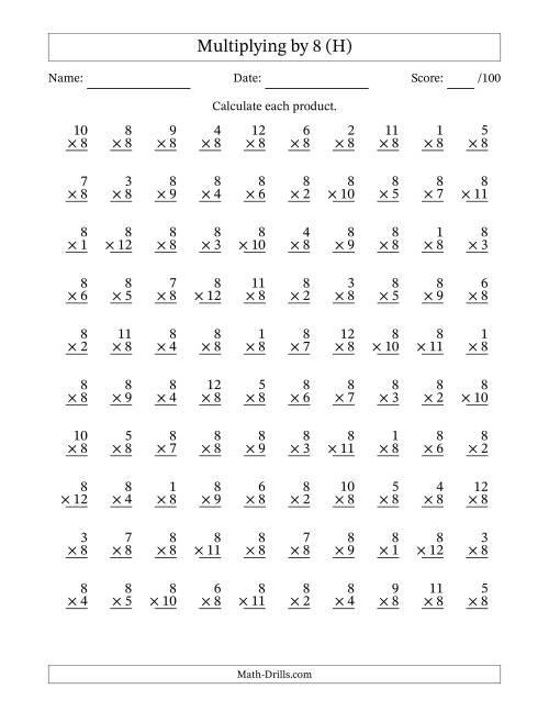The Multiplying (1 to 12) by 8 (100 Questions) (H) Math Worksheet