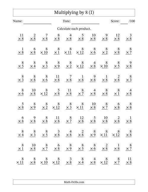 The Multiplying (1 to 12) by 8 (100 Questions) (I) Math Worksheet