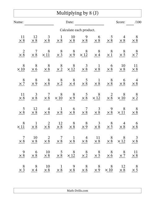 The Multiplying (1 to 12) by 8 (100 Questions) (J) Math Worksheet