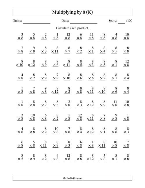 The Multiplying (1 to 12) by 8 (100 Questions) (K) Math Worksheet