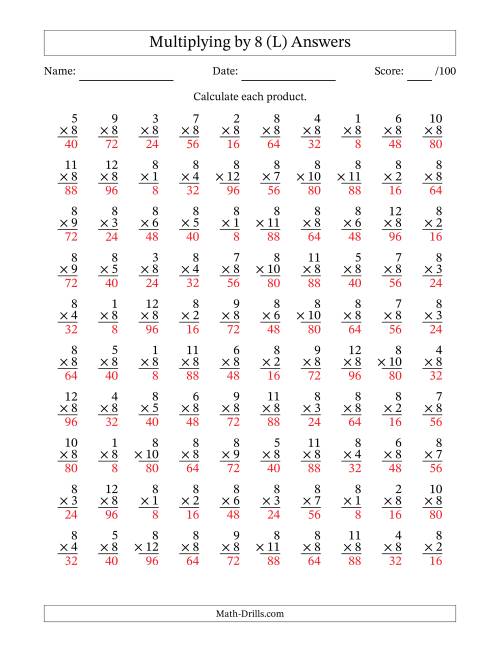 The Multiplying (1 to 12) by 8 (100 Questions) (L) Math Worksheet Page 2
