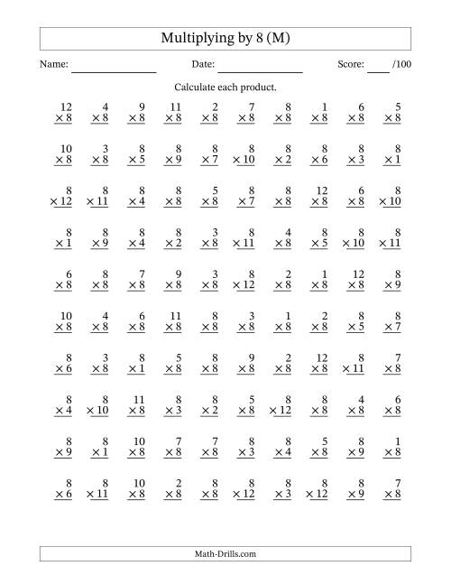 The Multiplying (1 to 12) by 8 (100 Questions) (M) Math Worksheet