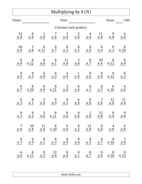 The Multiplying (1 to 12) by 8 (100 Questions) (N) Math Worksheet