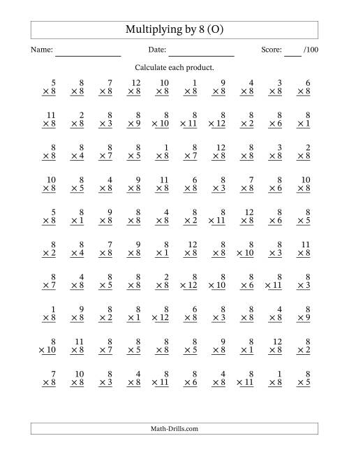 The Multiplying (1 to 12) by 8 (100 Questions) (O) Math Worksheet