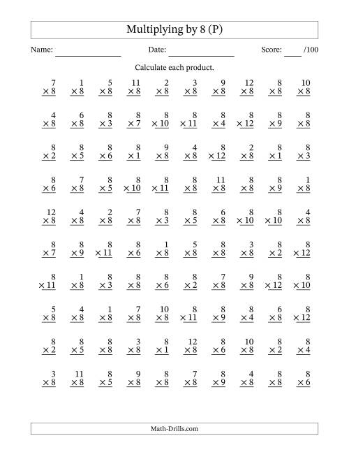 The Multiplying (1 to 12) by 8 (100 Questions) (P) Math Worksheet