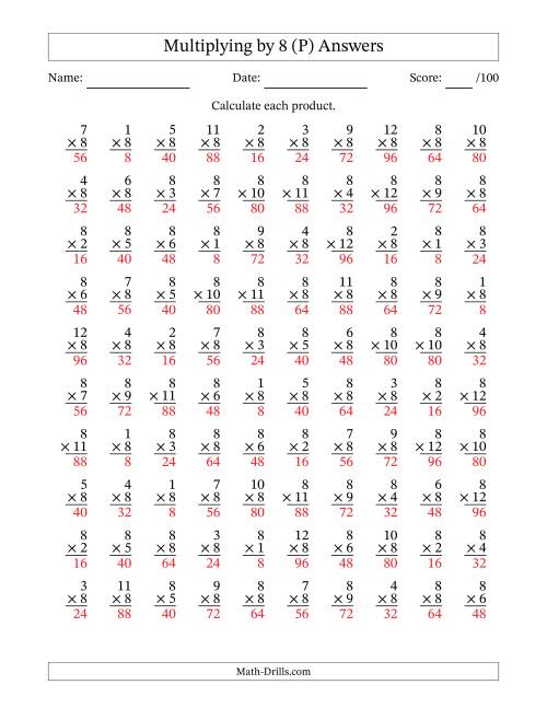 The Multiplying (1 to 12) by 8 (100 Questions) (P) Math Worksheet Page 2