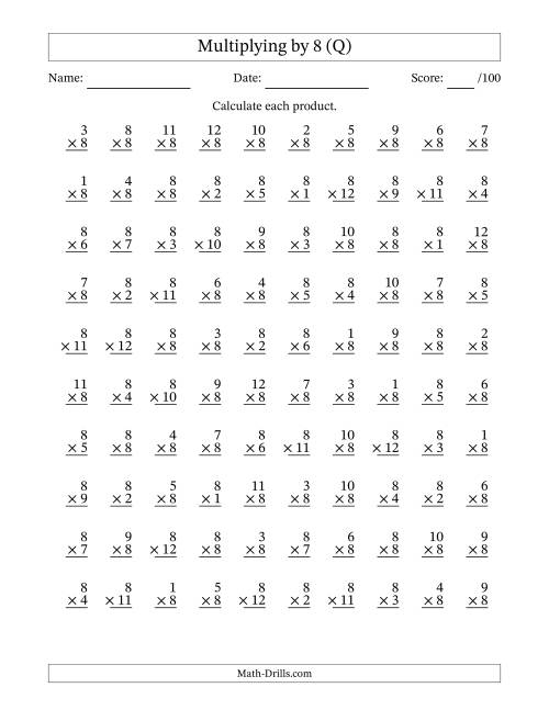 The Multiplying (1 to 12) by 8 (100 Questions) (Q) Math Worksheet
