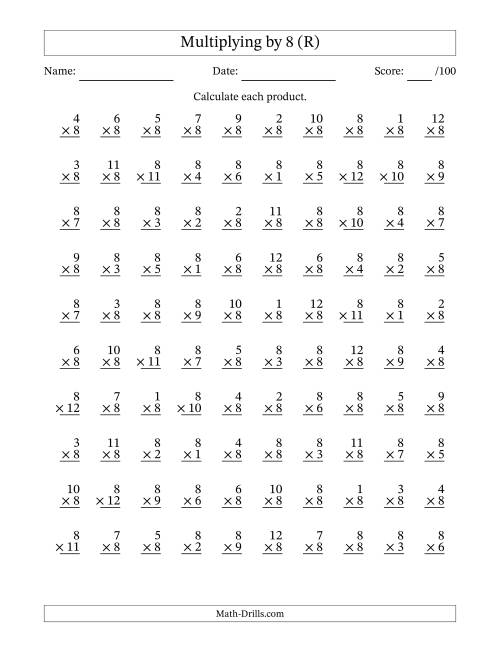 The Multiplying (1 to 12) by 8 (100 Questions) (R) Math Worksheet