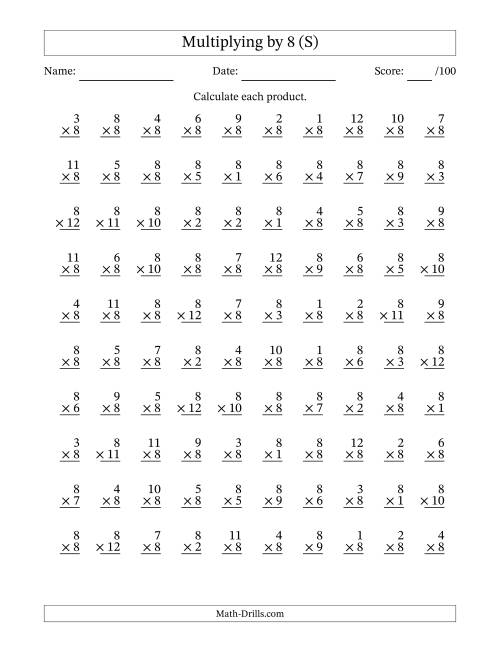 The Multiplying (1 to 12) by 8 (100 Questions) (S) Math Worksheet
