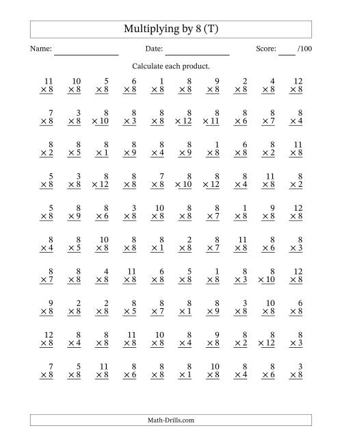 The Multiplying (1 to 12) by 8 (100 Questions) (T) Math Worksheet