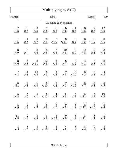 The Multiplying (1 to 12) by 8 (100 Questions) (U) Math Worksheet
