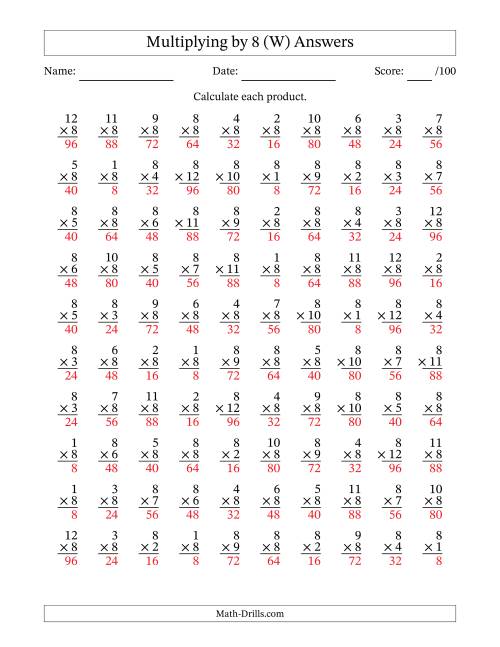 The Multiplying (1 to 12) by 8 (100 Questions) (W) Math Worksheet Page 2