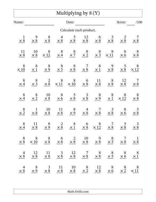 The Multiplying (1 to 12) by 8 (100 Questions) (Y) Math Worksheet