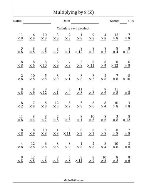 The Multiplying (1 to 12) by 8 (100 Questions) (Z) Math Worksheet