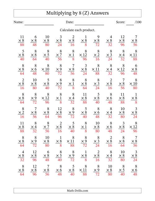 The Multiplying (1 to 12) by 8 (100 Questions) (Z) Math Worksheet Page 2