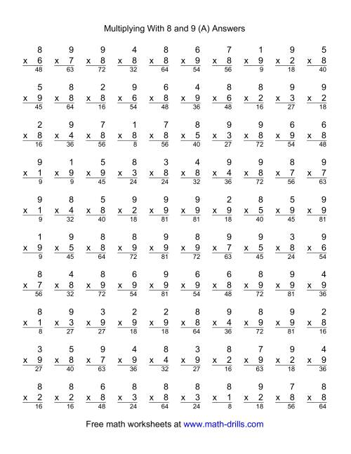 The 100 Vertical Questions -- Multiplication Facts -- 8-9 by 1-9 (A) Math Worksheet Page 2