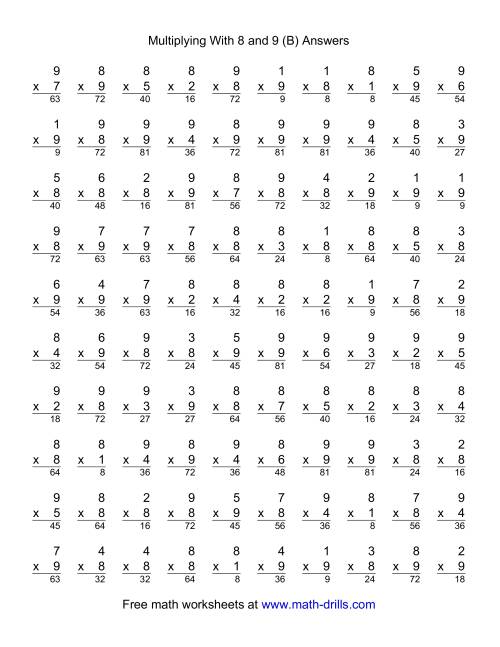 The 100 Vertical Questions -- Multiplication Facts -- 8-9 by 1-9 (B) Math Worksheet Page 2