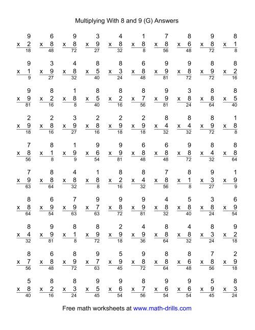 The 100 Vertical Questions -- Multiplication Facts -- 8-9 by 1-9 (G) Math Worksheet Page 2
