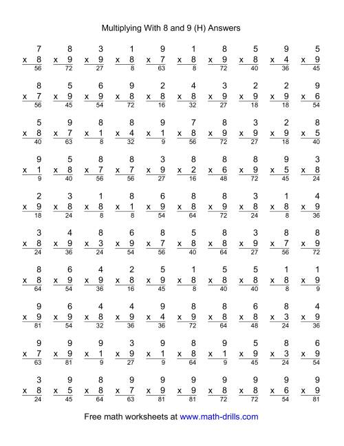 The 100 Vertical Questions -- Multiplication Facts -- 8-9 by 1-9 (H) Math Worksheet Page 2