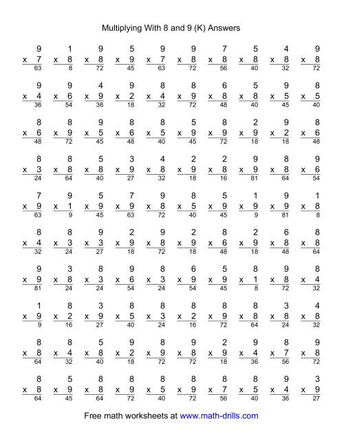 The 100 Vertical Questions -- Multiplication Facts -- 8-9 by 1-9 (K) Math Worksheet Page 2