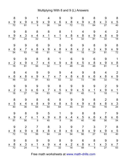 The 100 Vertical Questions -- Multiplication Facts -- 8-9 by 1-9 (L) Math Worksheet Page 2