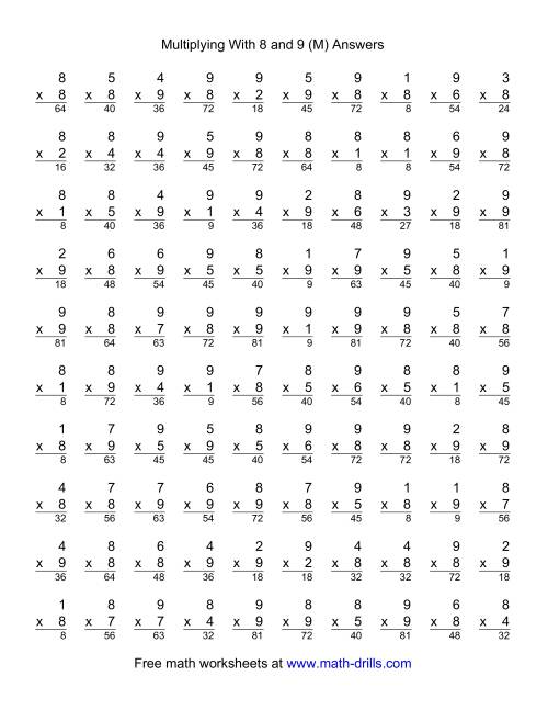 The 100 Vertical Questions -- Multiplication Facts -- 8-9 by 1-9 (M) Math Worksheet Page 2