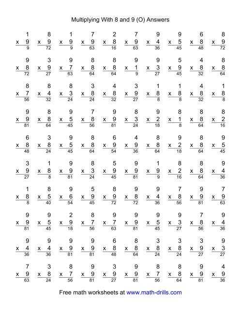 The 100 Vertical Questions -- Multiplication Facts -- 8-9 by 1-9 (O) Math Worksheet Page 2