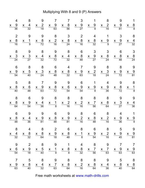 The 100 Vertical Questions -- Multiplication Facts -- 8-9 by 1-9 (P) Math Worksheet Page 2