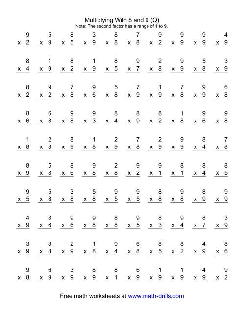 The 100 Vertical Questions -- Multiplication Facts -- 8-9 by 1-9 (Q) Math Worksheet