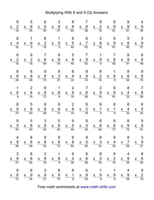 The 100 Vertical Questions -- Multiplication Facts -- 8-9 by 1-9 (Q) Math Worksheet Page 2