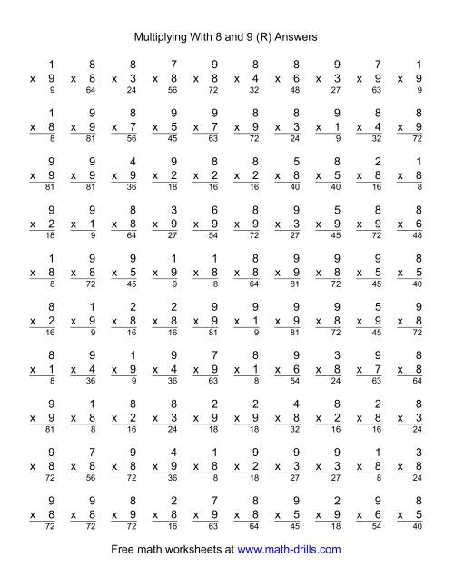 The 100 Vertical Questions -- Multiplication Facts -- 8-9 by 1-9 (R) Math Worksheet Page 2