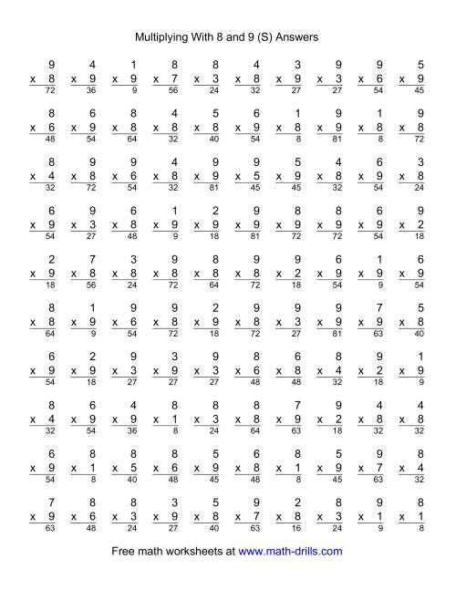The 100 Vertical Questions -- Multiplication Facts -- 8-9 by 1-9 (S) Math Worksheet Page 2