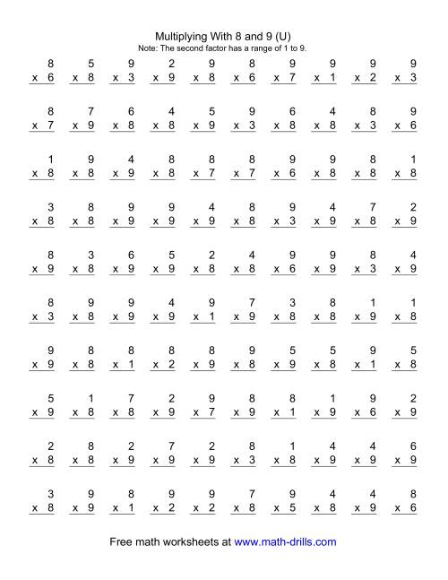 The 100 Vertical Questions -- Multiplication Facts -- 8-9 by 1-9 (U) Math Worksheet