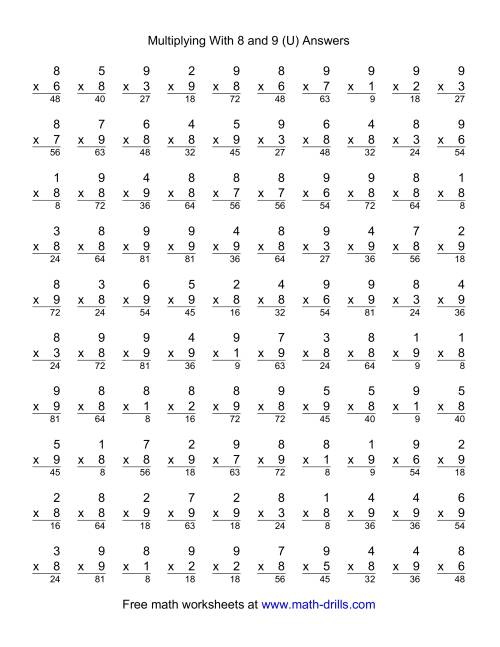 The 100 Vertical Questions -- Multiplication Facts -- 8-9 by 1-9 (U) Math Worksheet Page 2