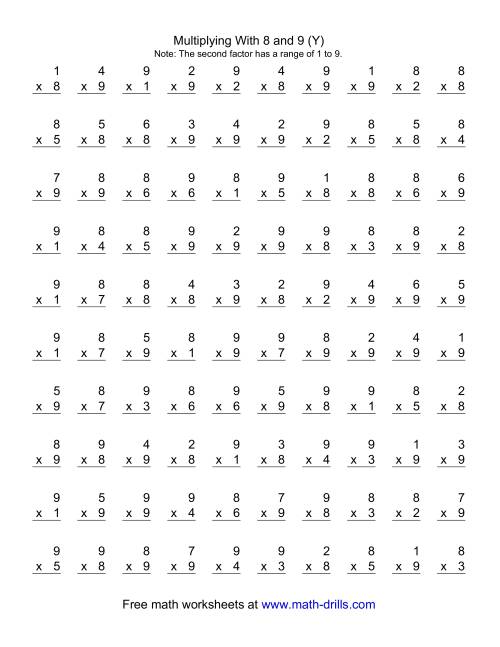 The 100 Vertical Questions -- Multiplication Facts -- 8-9 by 1-9 (Y) Math Worksheet